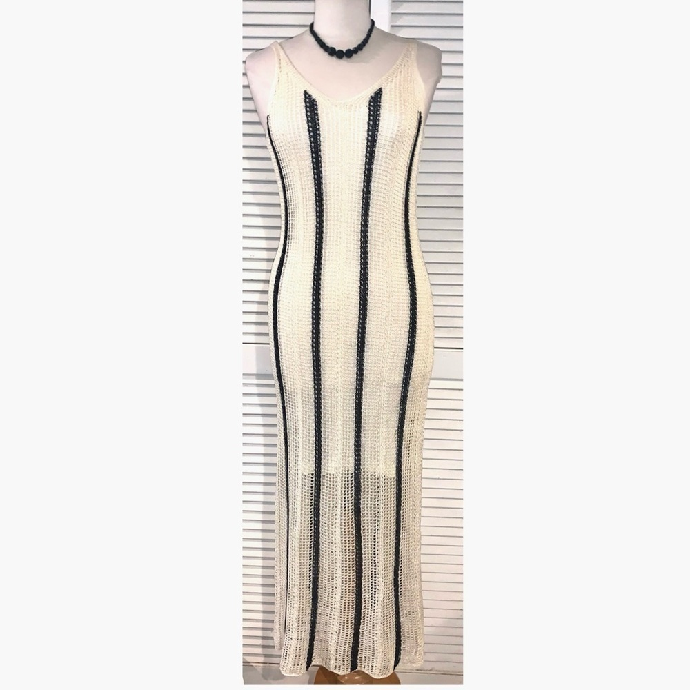 Crochet Maxi dress in Ivory with black stripes and slip NWT size small